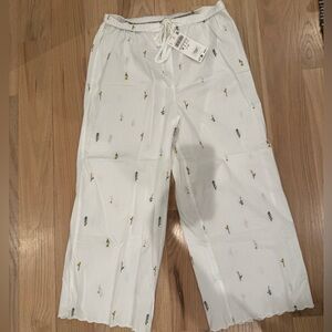Zara White Linen Floral Scalloped Pants NWT